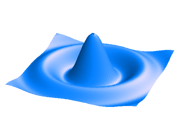 filledgraph3d(color(10sin(sqrt(x^2+y^2))/sqrt(x^2+y^2),007FFF),x,y,-10,10,-10,10,-3,10,90,90,0,50,20,600,400)